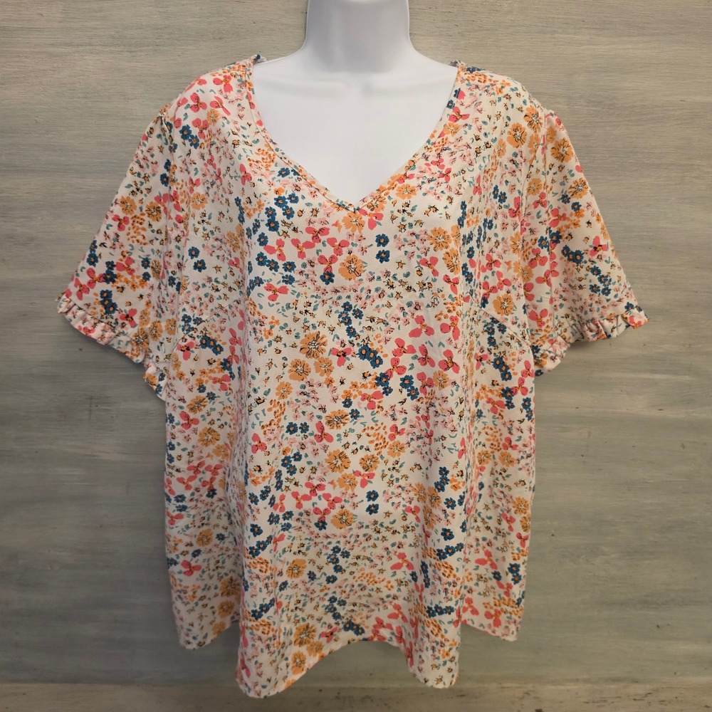 SHEIN CURVE Colorful Floral Vneck Short Sleeve Ruffle Cuff Blouse Size 4XL GC